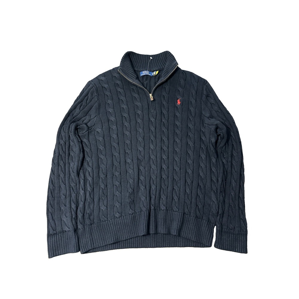Polo Ralph Lauren Mens XL Cable Knit Sweater 1/4 Zip Cotton Navy Red Pony Logo